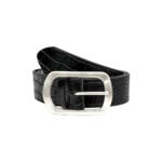 Coccodrillo Nero — Women's Jet Black Genuine Embossed Crocodile Texture Leather Wide Belt with Antique Silver-Tone Rectangular Buckle Bold Edgy Casual Everyday Chic Accessory