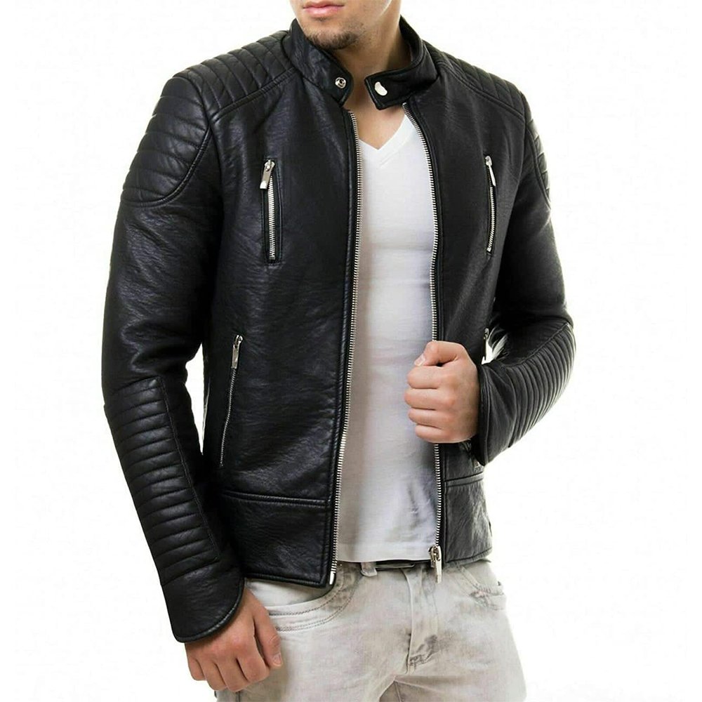 A36 Dinamico — Men's Jet Black Genuine Soft Lambskin Leather Slim Fit Ribbed Quilted Sleeve Panel Cafe Racer Biker Jacket with Silver-Tone Double Chest Zip Band Collar Modern Casual Street Style Outerwear - Image 1