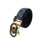 Monogramma — Men's Midnight Navy Blue Genuine Embossed Monogram Pattern Leather Luxury Dress Belt with Gold-Tone Double Circle Interlocking Logo Automatic Buckle Designer Formal Accessory