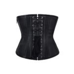 Nero Sangue — Women's Jet Black Faux Leather Deep Crimson Red Floral Lace Two-Tone Underbust Waist Cincher Corset Silver Gunmetal Side Buckle Strap Closure Front Split Panel Red Lace Inset Detail Heavily Boned Structured Lace-Up Back Waist Training Gothic Victorian Steampunk Armor Costume Shapewear - Image 2