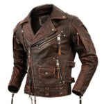 Selvaggio — Men's Vintage Distressed Dark Brown Genuine Hand-Waxed Cowhide Leather Asymmetric Diagonal Zip Heavy-Duty Moto Biker Jacket with Silver-Tone Multi-Zip Snap Button Belted Lapel Collar Rugged Bold Street Style Outerwear