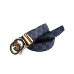 Monogramma — Men's Midnight Navy Blue Genuine Embossed Monogram Pattern Leather Luxury Dress Belt with Gold-Tone Double Circle Interlocking Logo Automatic Buckle Designer Formal Accessory - Image 2