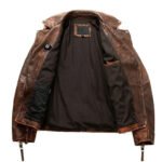 Selvaggio — Men's Vintage Distressed Dark Brown Genuine Hand-Waxed Cowhide Leather Asymmetric Diagonal Zip Heavy-Duty Moto Biker Jacket with Silver-Tone Multi-Zip Snap Button Belted Lapel Collar Rugged Bold Street Style Outerwear - Image 2