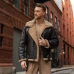 Urbano — Men's Dark Espresso Brown Genuine Cowhide Leather B3 Bomber Aviator Jacket with Camel Beige Thick Sherpa Shearling Fur Lapel Collar Cuffs Lining Zip-Up Luxury Smart Casual Winter City Outerwear