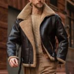 Urbano — Men's Dark Espresso Brown Genuine Cowhide Leather B3 Bomber Aviator Jacket with Camel Beige Thick Sherpa Shearling Fur Lapel Collar Cuffs Lining Zip-Up Luxury Smart Casual Winter City Outerwear - Image 2