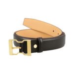 Lastra Oro — Men's Jet Black Genuine Pebbled Grain Leather Reversible Dress Belt with Gold-Tone Solid Rectangular Plate Buckle Tan Interior Lining Sleek Luxury Business Everyday Accessory