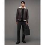 Moderno — Men's Dark Charcoal Brown Genuine Lambskin Leather Slim Fit B3 Bomber Pilot Jacket with Contrast Cream White Sherpa Shearling Fur Collar Cuffs Lining Zip-Up Contemporary Smart Casual Winter Outerwear