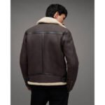 Moderno — Men's Dark Charcoal Brown Genuine Lambskin Leather Slim Fit B3 Bomber Pilot Jacket with Contrast Cream White Sherpa Shearling Fur Collar Cuffs Lining Zip-Up Contemporary Smart Casual Winter Outerwear - Image 2