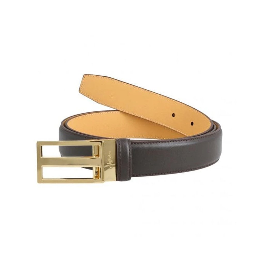 A49 Telaio Oro — Men's Dark Espresso Brown Genuine Smooth Full-Grain Leather Reversible Formal Dress Belt with Gold-Tone Open-Frame Rectangular Buckle Tan Interior Lining Elegant Luxury Business Accessory - Image 1