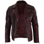 Sangue — Men's Deep Burgundy Wine Red Genuine Soft Lambskin Leather Asymmetric Diagonal Zip Slim Fit Moto Biker Jacket with Silver-Tone Multi-Zip Lapel Collar Edgy Street Style Outerwear