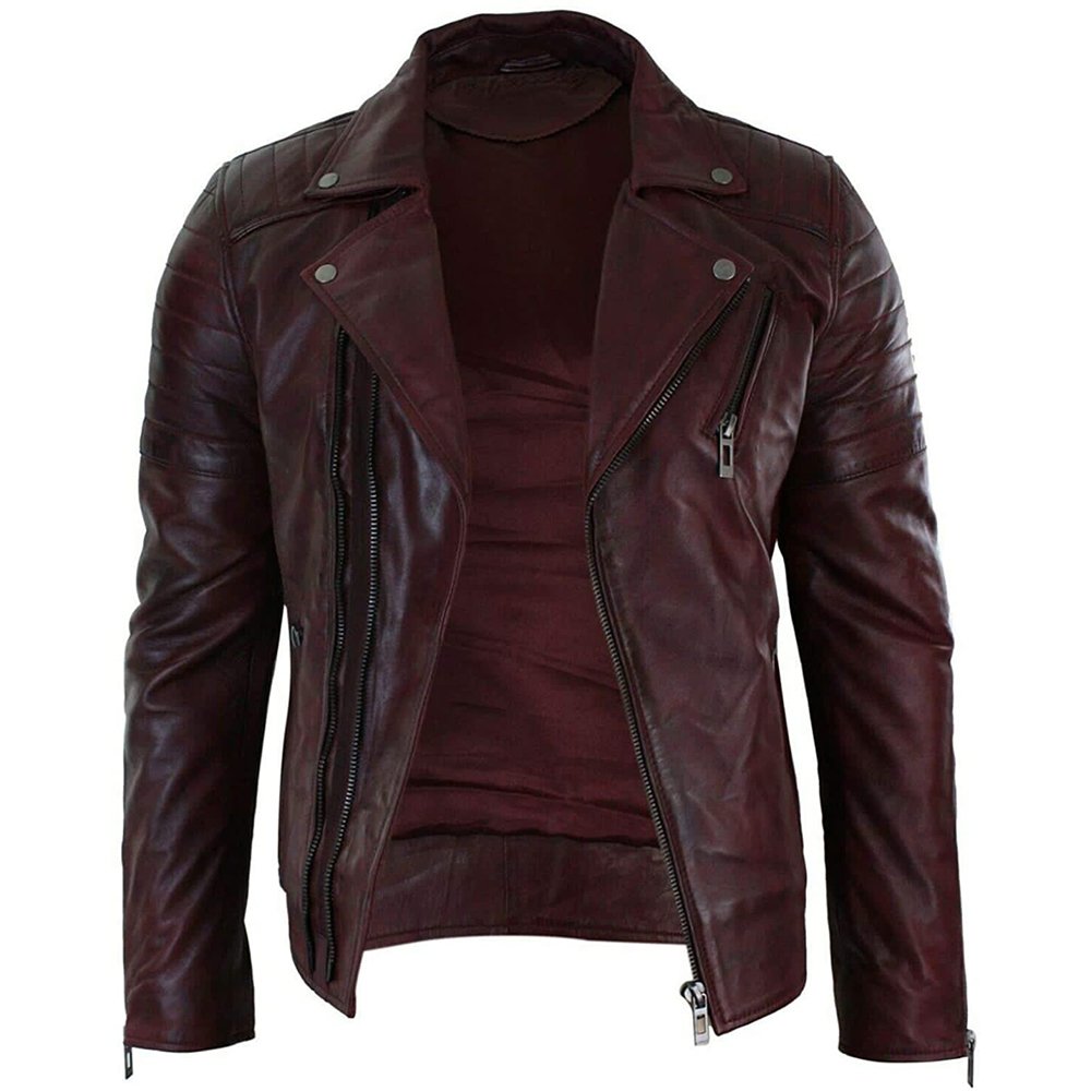 A5 Sangue — Men's Deep Burgundy Wine Red Genuine Soft Lambskin Leather Asymmetric Diagonal Zip Slim Fit Moto Biker Jacket with Silver-Tone Multi-Zip Lapel Collar Edgy Street Style Outerwear - Image 1