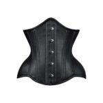 Nero Oscura — Women's Pure Jet Black Smooth Faux Leather Underbust Waist Cincher Corset Silver Hook-and-Eye Front Busk Fastening Subtle Vertical Panel Seam Detail Curved Flared Hip Panel Heavily Boned Structured Lace-Up Back Waist Training Clean Minimal Gothic Victorian Steampunk Armor Costume Shapewear