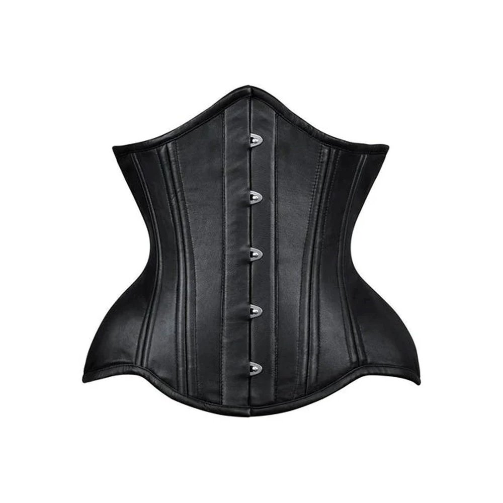 A5 Nero Oscura — Women's Pure Jet Black Smooth Faux Leather Underbust Waist Cincher Corset Silver Hook-and-Eye Front Busk Fastening Subtle Vertical Panel Seam Detail Curved Flared Hip Panel Heavily Boned Structured Lace-Up Back Waist Training Clean Minimal Gothic Victorian Steampunk Armor Costume Shapewear - Image 1