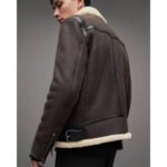 Moderno — Men's Dark Charcoal Brown Genuine Lambskin Leather Slim Fit B3 Bomber Pilot Jacket with Contrast Cream White Sherpa Shearling Fur Collar Cuffs Lining Zip-Up Contemporary Smart Casual Winter Outerwear - Image 3