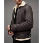 Moderno — Men's Dark Charcoal Brown Genuine Lambskin Leather Slim Fit B3 Bomber Pilot Jacket with Contrast Cream White Sherpa Shearling Fur Collar Cuffs Lining Zip-Up Contemporary Smart Casual Winter Outerwear - Image 4