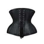 Nero Oscura — Women's Pure Jet Black Smooth Faux Leather Underbust Waist Cincher Corset Silver Hook-and-Eye Front Busk Fastening Subtle Vertical Panel Seam Detail Curved Flared Hip Panel Heavily Boned Structured Lace-Up Back Waist Training Clean Minimal Gothic Victorian Steampunk Armor Costume Shapewear - Image 2