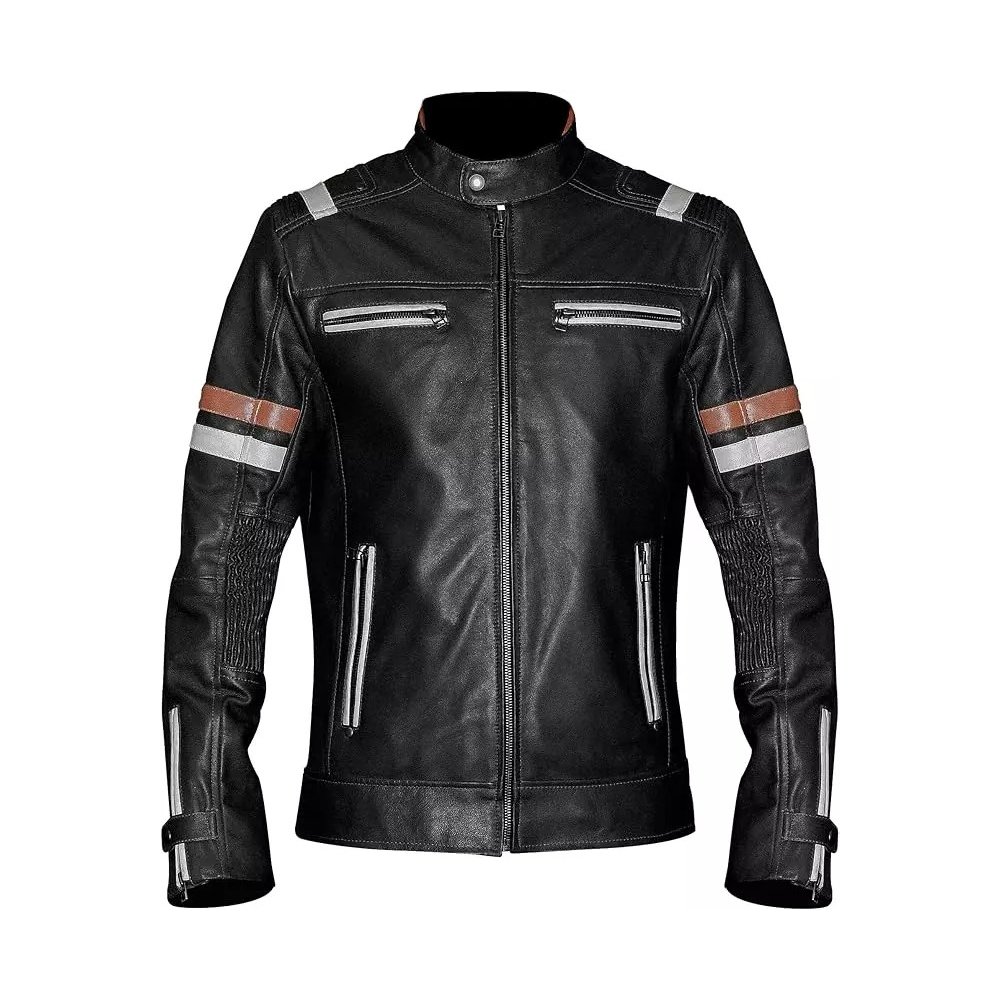 A7 Striscia — Men's Jet Black Genuine Soft Lambskin Leather Retro Cafe Racer Biker Jacket with Contrast White & Brown Stripe Detail Silver-Tone Multi-Zip Band Collar Vintage Street Style Outerwear - Image 1