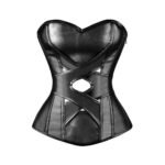 Nero Incrociata — Women's Jet Black Glossy Faux Leather Overbust Sweetheart Neckline Corset Diagonal Cross Strap Overlay Detail Front Keyhole Cutout Contrast Stitch Seam Throughout Boned Structured Strapless Lace-Up Back Waist Cincher Gothic Victorian Moto-Inspired Armor Costume Shapewear