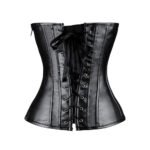 Nero Incrociata — Women's Jet Black Glossy Faux Leather Overbust Sweetheart Neckline Corset Diagonal Cross Strap Overlay Detail Front Keyhole Cutout Contrast Stitch Seam Throughout Boned Structured Strapless Lace-Up Back Waist Cincher Gothic Victorian Moto-Inspired Armor Costume Shapewear - Image 2