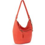 Corvella — Women's Vibrant Coral Red Genuine Leather Front-Zip Pocket Antique-Brass Hardware Tassel-Pull Casual Hobo Shoulder Bag - Image 4