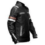 Striscia — Men's Jet Black Genuine Soft Lambskin Leather Retro Cafe Racer Biker Jacket with Contrast White & Brown Stripe Detail Silver-Tone Multi-Zip Band Collar Vintage Street Style Outerwear - Image 3