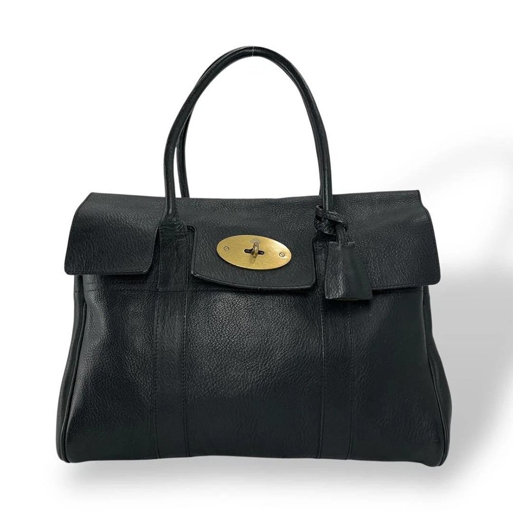 B12 Classicazza — Women's Jet Black Genuine Pebbled Leather Gold-Tone Buckle Top Handle Bayswater Tote Handbag - Image 1