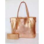 Doratezza — Women's Rose Gold Metallic Genuine Leather Tassel Shoulder Tote Bag with Croc-Embossed Matching Wallet