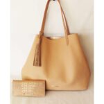 Sabbiazza — Women's Warm Camel Beige Genuine Leather Tassel Shoulder Tote Bag with Croc-Embossed Matching Wallet