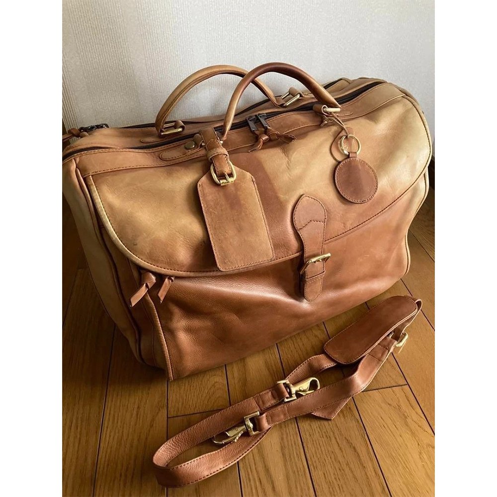 B22 Lussogio — Men's Vintage Tan Genuine Full-Grain Leather Large Duffle Holdall Weekend Travel Bag with Luggage Tag - Image 1