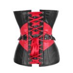 Fuoco Oscuro — Women's Jet Black & Crimson Red Faux Leather Two-Tone Sweetheart Overbust Corset Bustier Top with Silver-Tone Stud Button D-Ring Buckle Strap Detail Lace-Up Back Boned Gothic Punk Rock Edgy Party Shapewear - Image 2