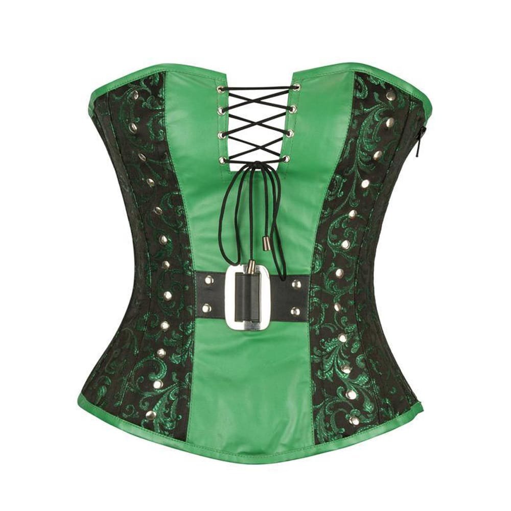 C11 Smeraldo — Women's Emerald Green Black Brocade Jacquard & Satin Two-Tone Sweetheart Overbust Corset Bustier Top with Silver-Tone Buckle Belt Front Lace-Up Detail Side Zip Boned Gothic Burlesque Vintage Party Costume Shapewear - Image 1