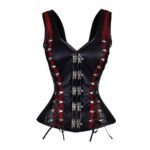 Oscura Vampira — Women's Jet Black & Blood Red Faux Leather Mesh Two-Tone V-Neck Halter Vest Overbust Corset Bustier Top with Silver-Tone Double Hook Clasp Front Closure Side Lace-Up Boned Gothic Punk Rock Dark Fantasy Costume Shapewear