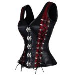 Oscura Vampira — Women's Jet Black & Blood Red Faux Leather Mesh Two-Tone V-Neck Halter Vest Overbust Corset Bustier Top with Silver-Tone Double Hook Clasp Front Closure Side Lace-Up Boned Gothic Punk Rock Dark Fantasy Costume Shapewear - Image 2