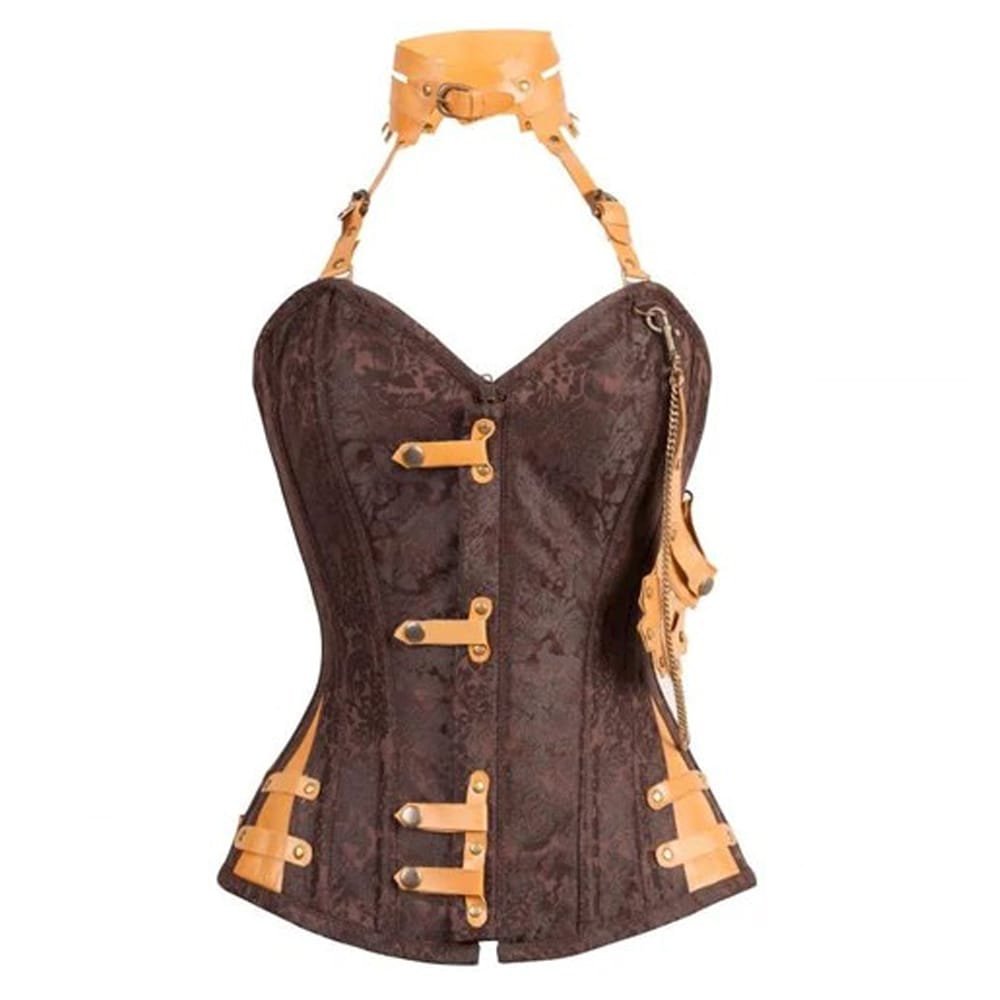 C15 Alchimista — Women's Dark Chocolate Brown Jacquard Brocade & Tan Camel Genuine Leather Trim Sweetheart Halter Neck Overbust Corset Bustier Top with Toggle Buckle Strap Chain Detail Boned Steampunk Victorian Gothic Vintage Costume Shapewear - Image 1