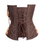 Alchimista — Women's Dark Chocolate Brown Jacquard Brocade & Tan Camel Genuine Leather Trim Sweetheart Halter Neck Overbust Corset Bustier Top with Toggle Buckle Strap Chain Detail Boned Steampunk Victorian Gothic Vintage Costume Shapewear - Image 2
