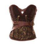 Ingranaggio — Women's Dark Chocolate Brown Jacquard Brocade Sweetheart Overbust Corset Bustier Top with Antique Brass-Tone Gear Cog Embroidery Chain Drape Satin Ribbon Trim Detail Boned Lace-Up Back Steampunk Victorian Fantasy Costume Shapewear
