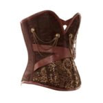 Ingranaggio — Women's Dark Chocolate Brown Jacquard Brocade Sweetheart Overbust Corset Bustier Top with Antique Brass-Tone Gear Cog Embroidery Chain Drape Satin Ribbon Trim Detail Boned Lace-Up Back Steampunk Victorian Fantasy Costume Shapewear - Image 2