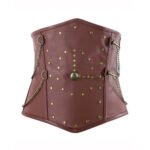 Guerriera — Women's Dusty Mauve Brown Faux Leather Wide Underbust Waist Cincher Belt Corset with Antique Brass-Tone Stud Rivet Chain D-Ring Detail Boned Lace-Up Back Steampunk Medieval Warrior Armor Costume Shapewear