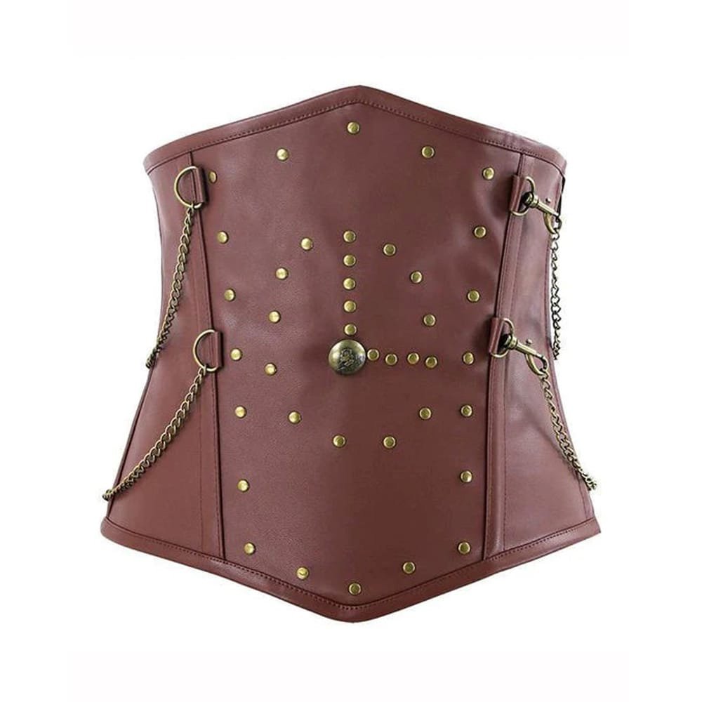 C19 Guerriera — Women's Dusty Mauve Brown Faux Leather Wide Underbust Waist Cincher Belt Corset with Antique Brass-Tone Stud Rivet Chain D-Ring Detail Boned Lace-Up Back Steampunk Medieval Warrior Armor Costume Shapewear - Image 1