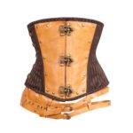 Artigiano Vapore — Women's Honey Tan & Dark Brown Striped Faux Leather Two-Tone Underbust Waist Cincher Corset with Antique Brass-Tone Clasp Lock Stud Rivet Buckle Strap Detail Boned Lace-Up Back Steampunk Victorian Armor Costume Shapewear