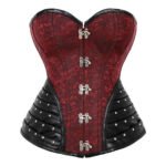 Sangue Regale — Women's Deep Crimson Red Jacquard Brocade & Black Faux Leather Two-Tone Sweetheart Overbust Corset Bustier Top with Silver-Tone Hook Clasp Front Closure Stud Rivet Side Panel Detail Boned Lace-Up Gothic Burlesque Costume Shapewear