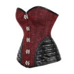 Sangue Regale — Women's Deep Crimson Red Jacquard Brocade & Black Faux Leather Two-Tone Sweetheart Overbust Corset Bustier Top with Silver-Tone Hook Clasp Front Closure Stud Rivet Side Panel Detail Boned Lace-Up Gothic Burlesque Costume Shapewear - Image 2