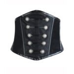 Comandante — Women's Jet Black Faux Leather Wide Underbust Waist Cincher Belt Corset with Silver-Tone Double Row Round Stud Button Detail Boned Lace-Up Back Gothic Military Punk Edgy Fashion Costume Shapewear