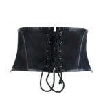 Comandante — Women's Jet Black Faux Leather Wide Underbust Waist Cincher Belt Corset with Silver-Tone Double Row Round Stud Button Detail Boned Lace-Up Back Gothic Military Punk Edgy Fashion Costume Shapewear - Image 2