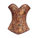 Cartografo — Women's Antique Gold Bronze Vintage Map Gear Print Jacquard Sweetheart Overbust Corset Bustier Top with Brown Faux Leather Trim Front Stud Button Closure Boned Lace-Up Back Steampunk Victorian Explorer Costume Shapewear