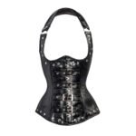 Acciaio Notte — Women's Jet Black Faux Leather Halter Neck Underbust Waist Cincher Corset with Silver-Tone Double Row Eyelet Grommet Buckle Stud Detail Boned Lace-Up Back Gothic Punk Rock Edgy Dark Fantasy Costume Shapewear