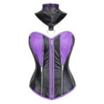 Domina Viola — Women's Jet Black & Royal Purple Faux Leather Two-Tone Zip-Up Overbust Corset Bustier Top with Detachable High Neck Collar O-Ring Detail Boned Waist Cincher Gothic Punk Edgy Party Costume Shapewear