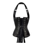 Acciaio Notte — Women's Jet Black Faux Leather Halter Neck Underbust Waist Cincher Corset with Silver-Tone Double Row Eyelet Grommet Buckle Stud Detail Boned Lace-Up Back Gothic Punk Rock Edgy Dark Fantasy Costume Shapewear - Image 2