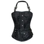 Cacciatore Notturno — Women's Jet Black Jacquard Brocade & Faux Leather Halter Neck Overbust Corset Bustier Top with Silver-Tone Skull Clasp Hook Front Closure Detachable Mini Pocket Buckle Strap Detail Boned Gothic Steampunk Dark Fantasy Costume Shapewear