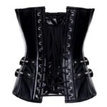 Blindato — Women's Jet Black Faux Leather Sweetheart Overbust Corset Bustier Top with Silver-Tone Front Zip Closure Double Buckle Strap Eyelet Rivet Panel Detail Boned Lace-Up Back Gothic Punk Rock Biker Edgy Dark Fantasy Costume Shapewear - Image 2